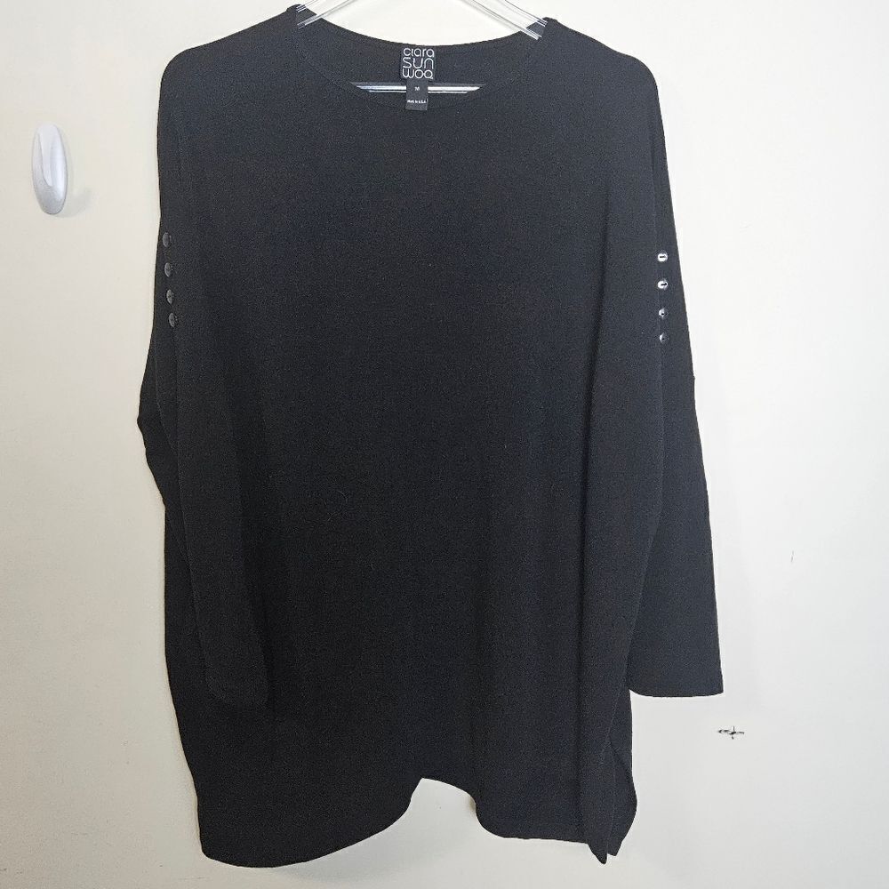CLARA SUN WOO FRENCH TERRY-LIKE KNIT - VENTED SWEATER TUNIC Black Medium